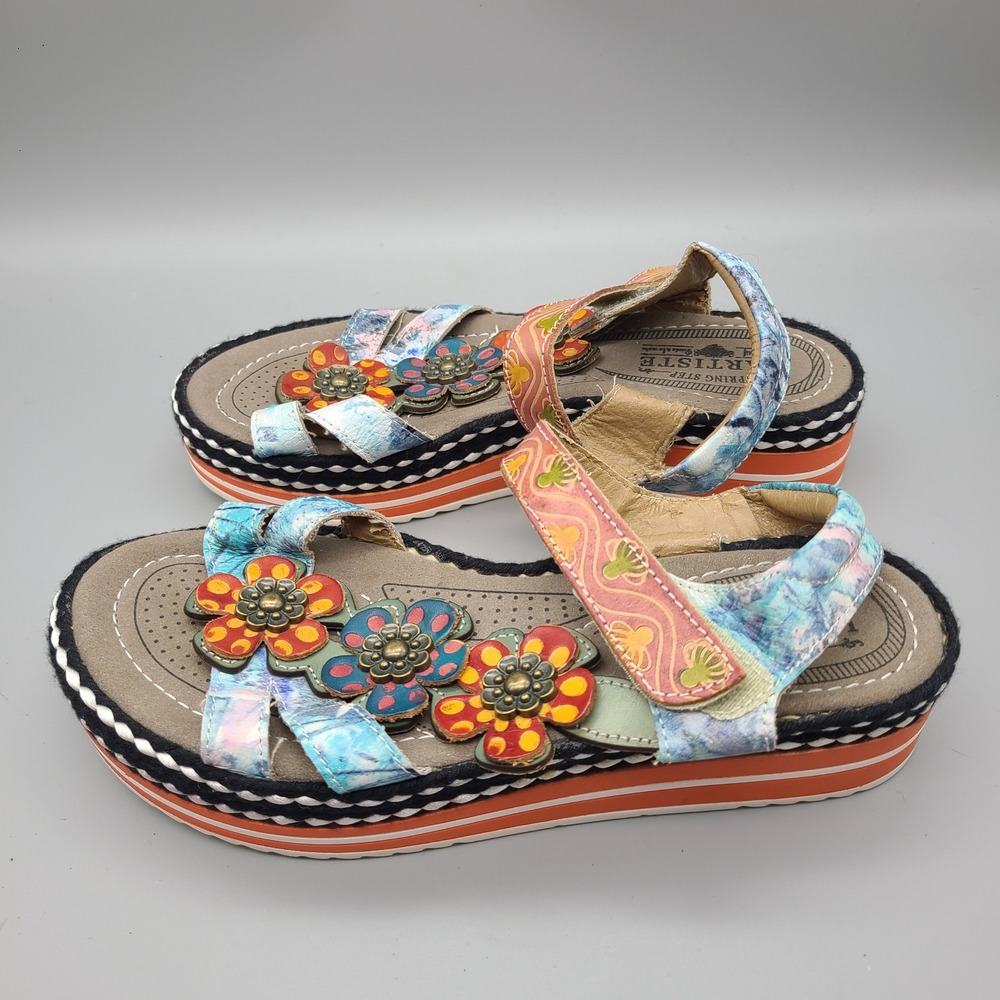 Spring Step L'Artiste Floral Leather Platform Sandals Multi Color Size 36 5.5-6